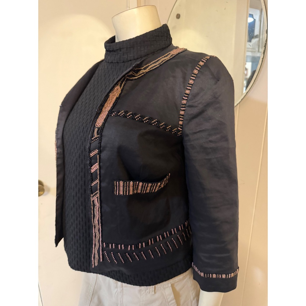 DKNY Womens Black Beaded Open Front Cropped Jacket Size 4 Pink Gold Accents - Picture 3 of 12